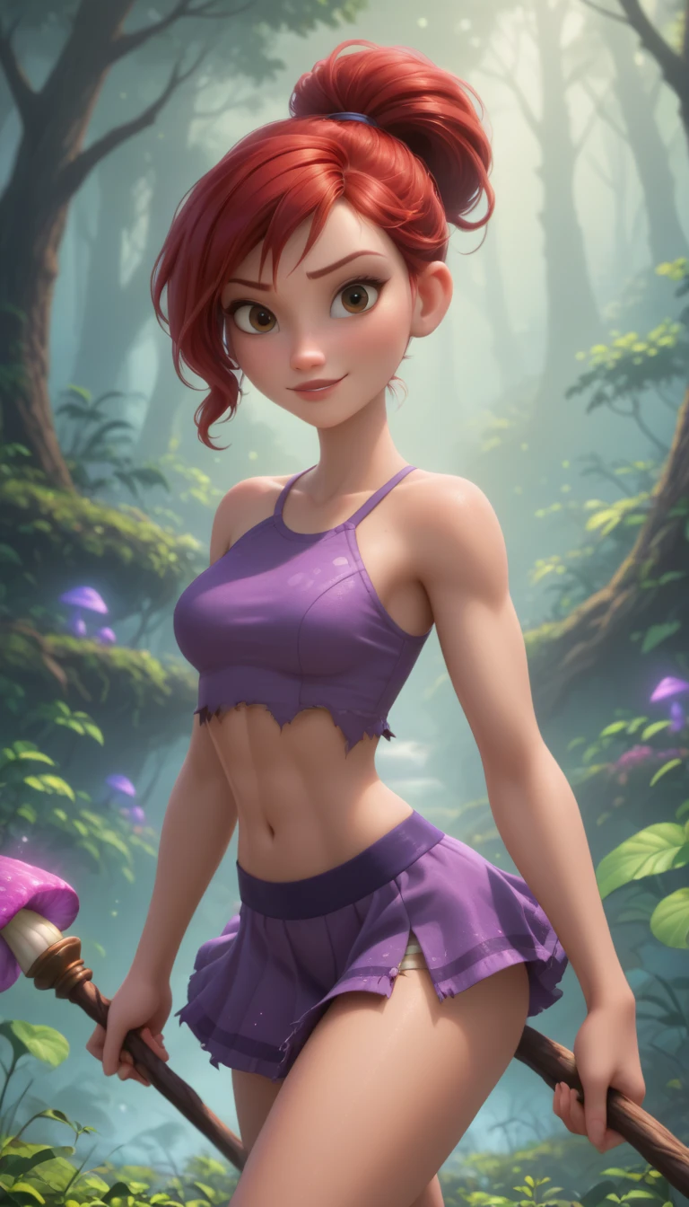 Female Peter Pan short hair, shaggy belly hair, green mini shorts