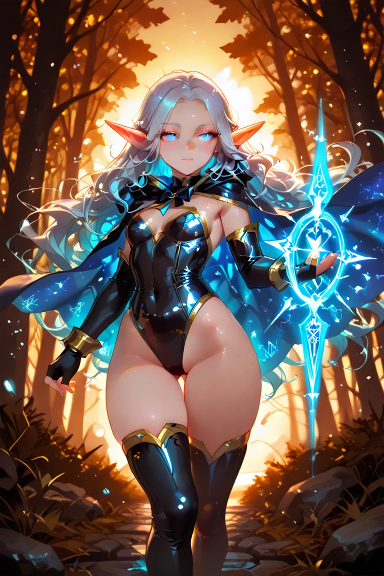 a portrait of a elf girl with freckles and bright striking blue eyes posing for a photo full body shot, bare shoulders, muscular, fit, defined abs, thongs, (prominent cameltoe) white freckles, long flowing green hair flying, glowing radiance, beautiful pale makeup, color portrait, stunning portrait, elegant freckles, wearing black thongs with glowing runes of power, black gloves, star-shine, gold dust spread across her skin and her face, (dark, hyper-realistic photos (((portrait))) refraction ,Dark background of magical night forest, deep woods, towering ruins, starlight skies