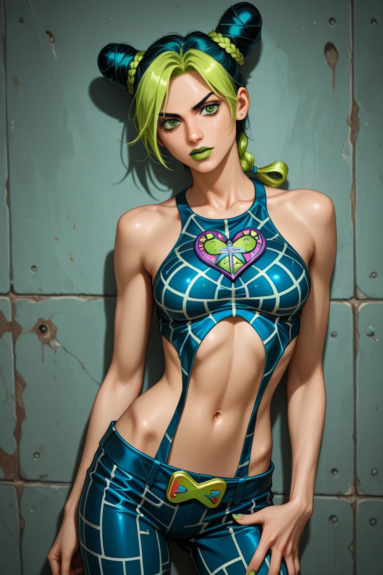 kujo_jolyne, 1girl, masterpiece, best quality, show tits, medium breast, navel, ribs, extremely detailed, hyper detailed, double_bun, green_lips, braided_ponytail, halterneck, sleeveless_shirt, spider_web_print, green eye, --no-half-vae, --disable-nan-check <lora:jolyneCujohLora_v1:1>