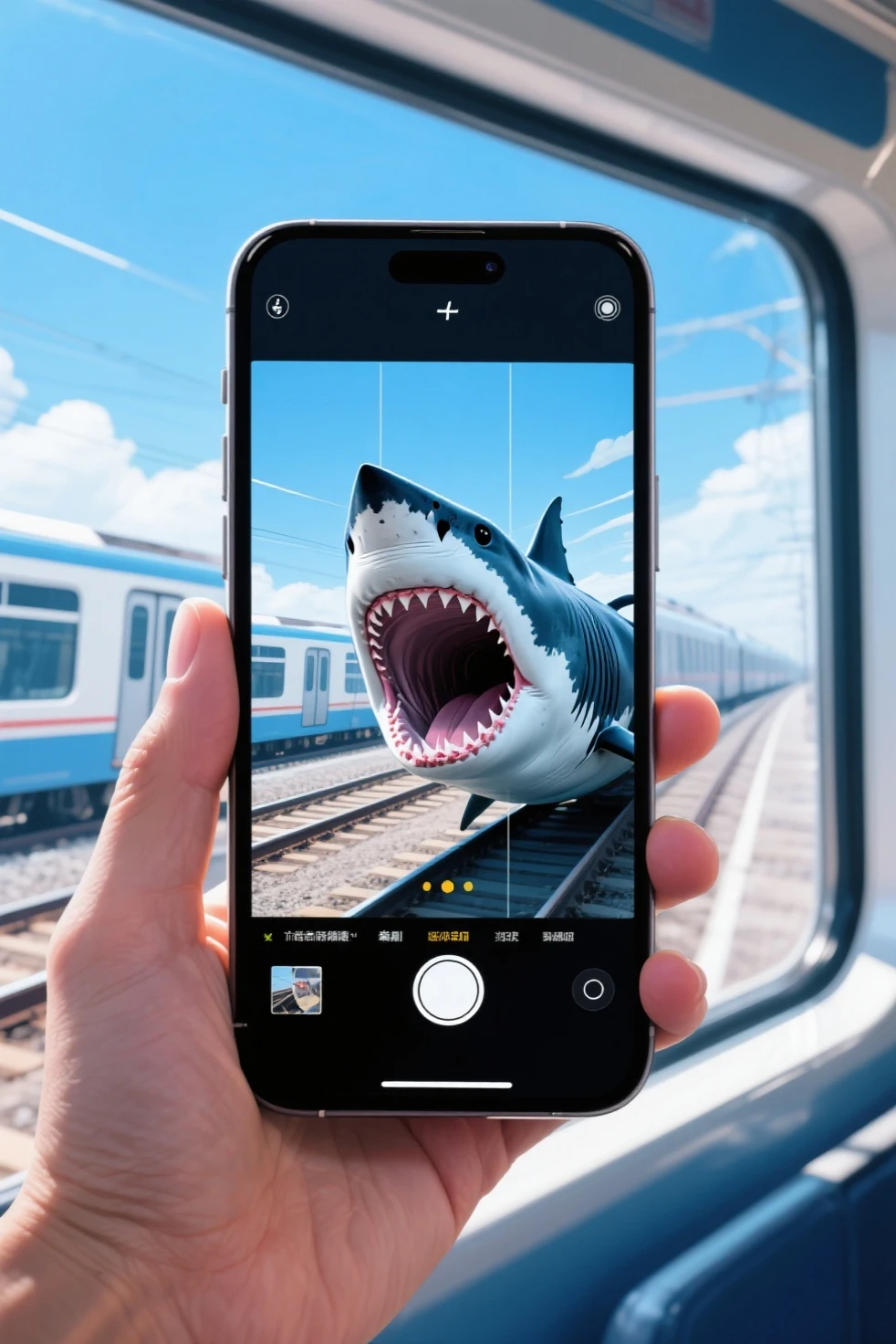 Holding iPhone in hand、A shark opens its mouth on the iPhone screen and is flying through a tornado of storms、The iPhone is recording the scenery outside the train window