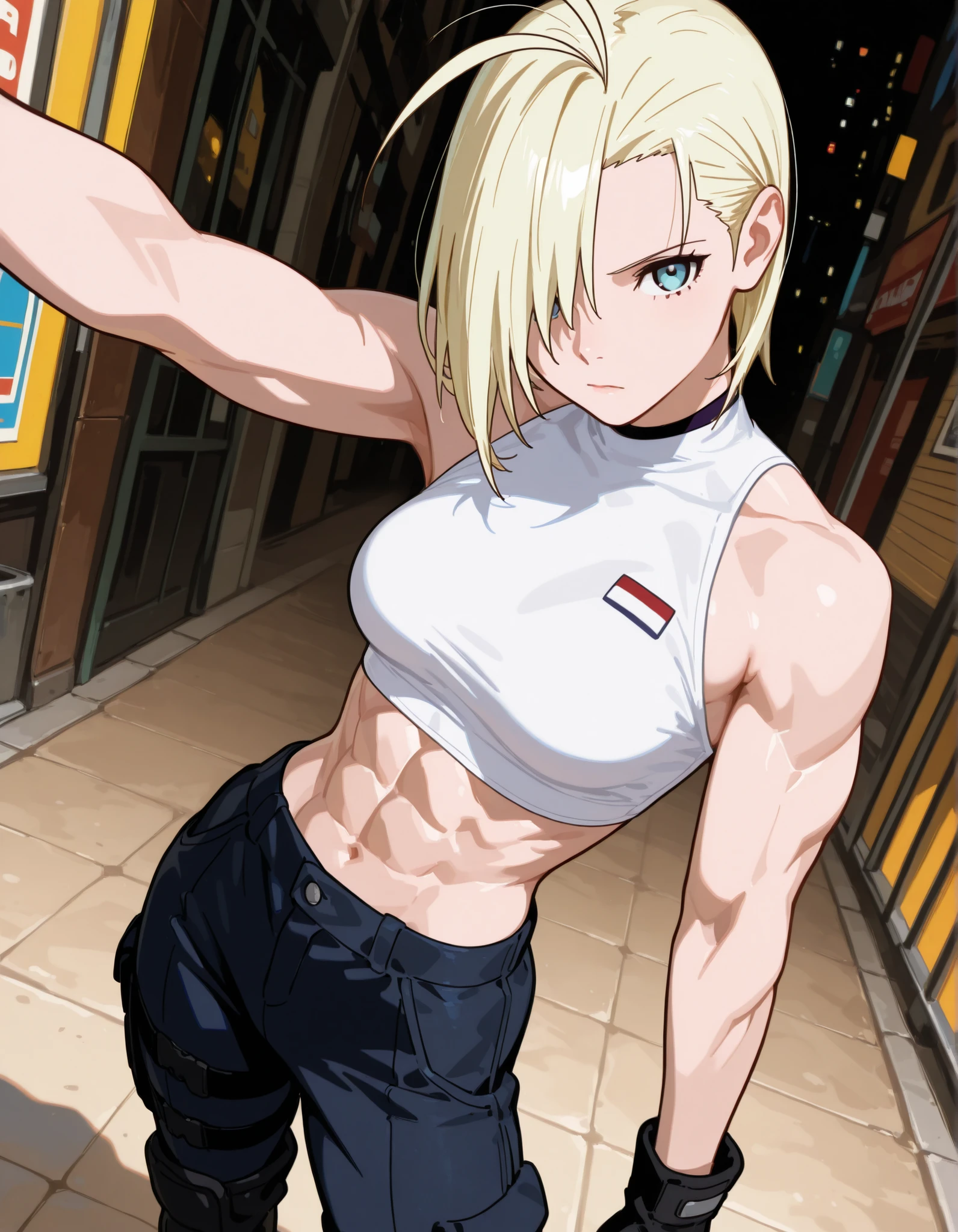 close-up of the face. Beautiful woman in her thirties, blonde hair, long thin face, blue eyes, narrow gaze, short hair, hair slicked back, emo bangs that fall over one eye (antenna bangs) (Yamanaka Ino bangs), tall and athletic woman, tight white top, black tactical pants, black high boots, black gloves, athletic body, muscles, thin waist, defined abs, thin face. Masterpiece, best quality, 2D, flat shading, flat illustration, minimalist, pop art style, neopop, linear drawing, vector line, 1 girl, alone, medium breasts, looking at the viewer, no makeup, in a sexy pose, beautiful eyes, detailed eyes. City art in the background (angle: front view, viewer's height)