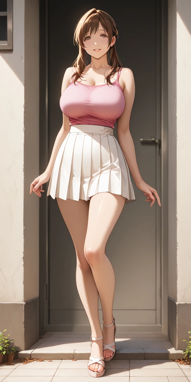 genuine、８ｋ、pieces fly、(((1 female)))、28 years old、(High resolution)、upper body portrait 、((round face, smile, big breasts,big ass、Shining dress with red breast and black skirt )), droopy eyes, Fashion Model、漏れるgenuineな肌, (((angle from below))), (barefoot、between the legs), Urban rooftop、sunlight、flushed complexion, （anatomically correct）、（perfect body proportions), (perfect hands), （perfect fingers），(oily skin:1.5)