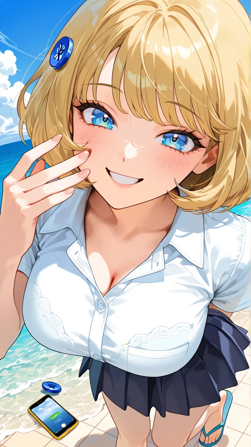 ((super high quality,Ultra-high resolution,16K,super masterpiece,Ultra HD,Ultra high definition:1.3,))One Girl,(Blonde:1.5,Short wavy hair:1.3),Short Side Ponytail,(Black-purple hair tie shaped like a butterfly:1.4,)Emerald eyes,Cleavage,sexly,((The chest is open,Light pink sweatsuit:1.5,))(popped collar,Tight collar,Large collar,Zipper from neck to navel:1.3,Fine zipper,)(light blue butterfly necklace:1.2,)Smiling happily at the camera,Close one eye, V-sign with one hand,Place one hand on hip,leaning forward with her body angled forward,sweating all over,Angle looking up from below,a blue sky with clouds and sun,