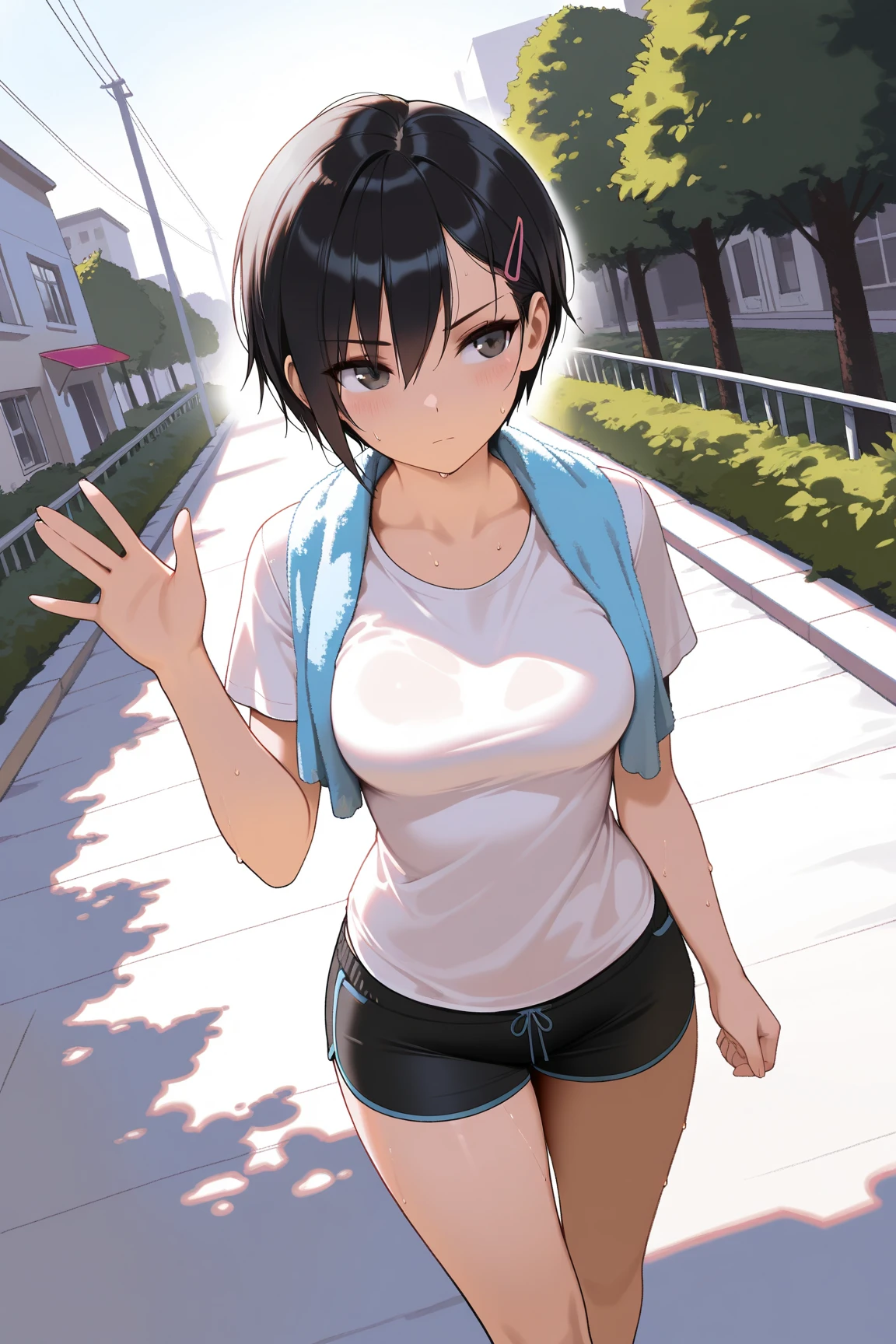 ((best quality)), ((masterpiece)), (detailed), 1girl, medium sized breasts, feminine short hair, black hair, gorgeous women, cat ears, green eyes, vertical slit pupils, medium sized skirt, black skirt, sport bra, female t-shirt, white shirt, short shirt, sleeveless shirt, university campus background, smiling expression, wide shot, full body, standing, front shot, blue sky, pink lips