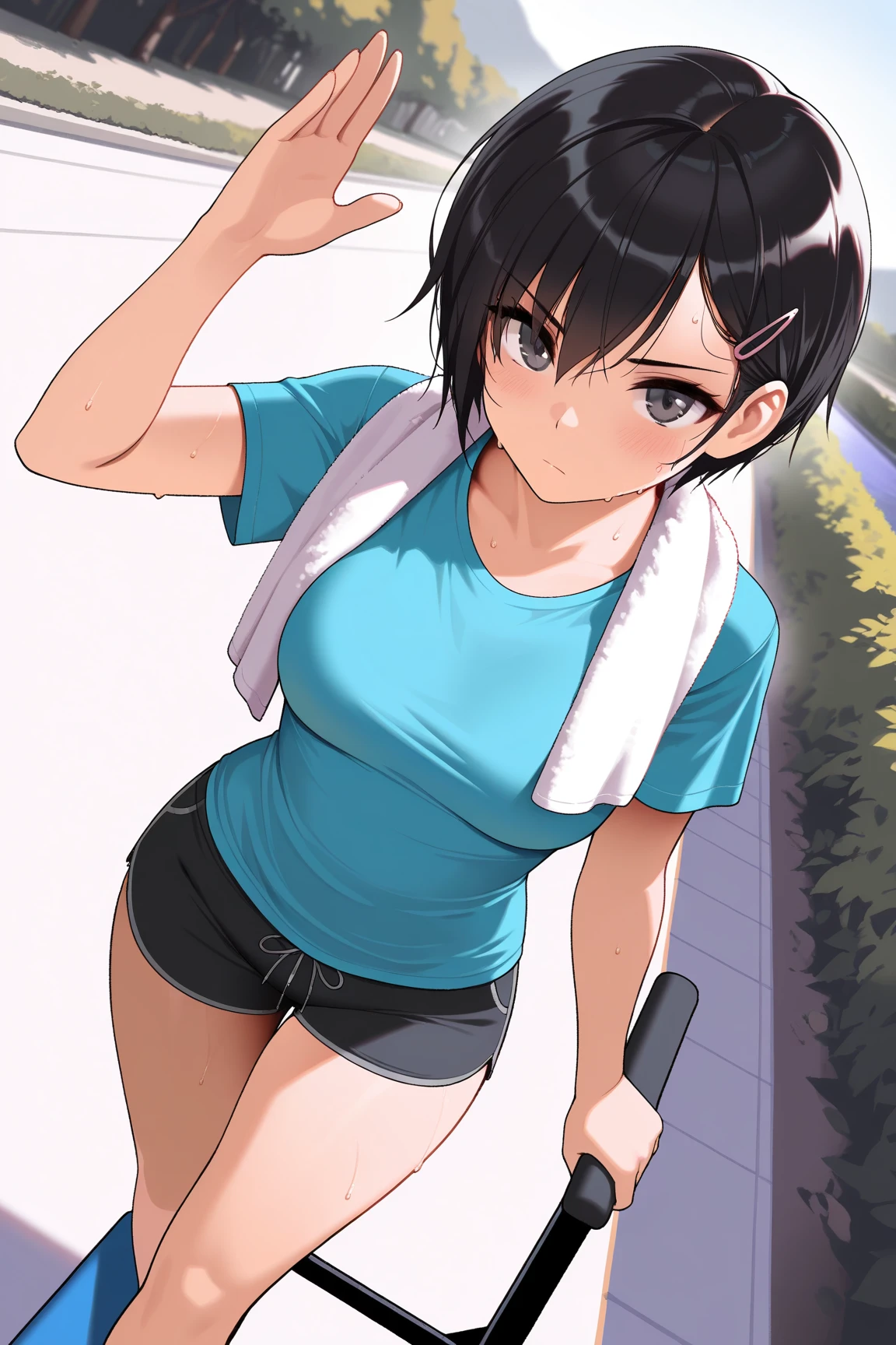 Small breasts、Beautiful and attractive anime woman, Enchanting anime girl, Top rated on pixiv、Gym、Short Bob、spats、Gymで筋トレをする、Exercise clothes