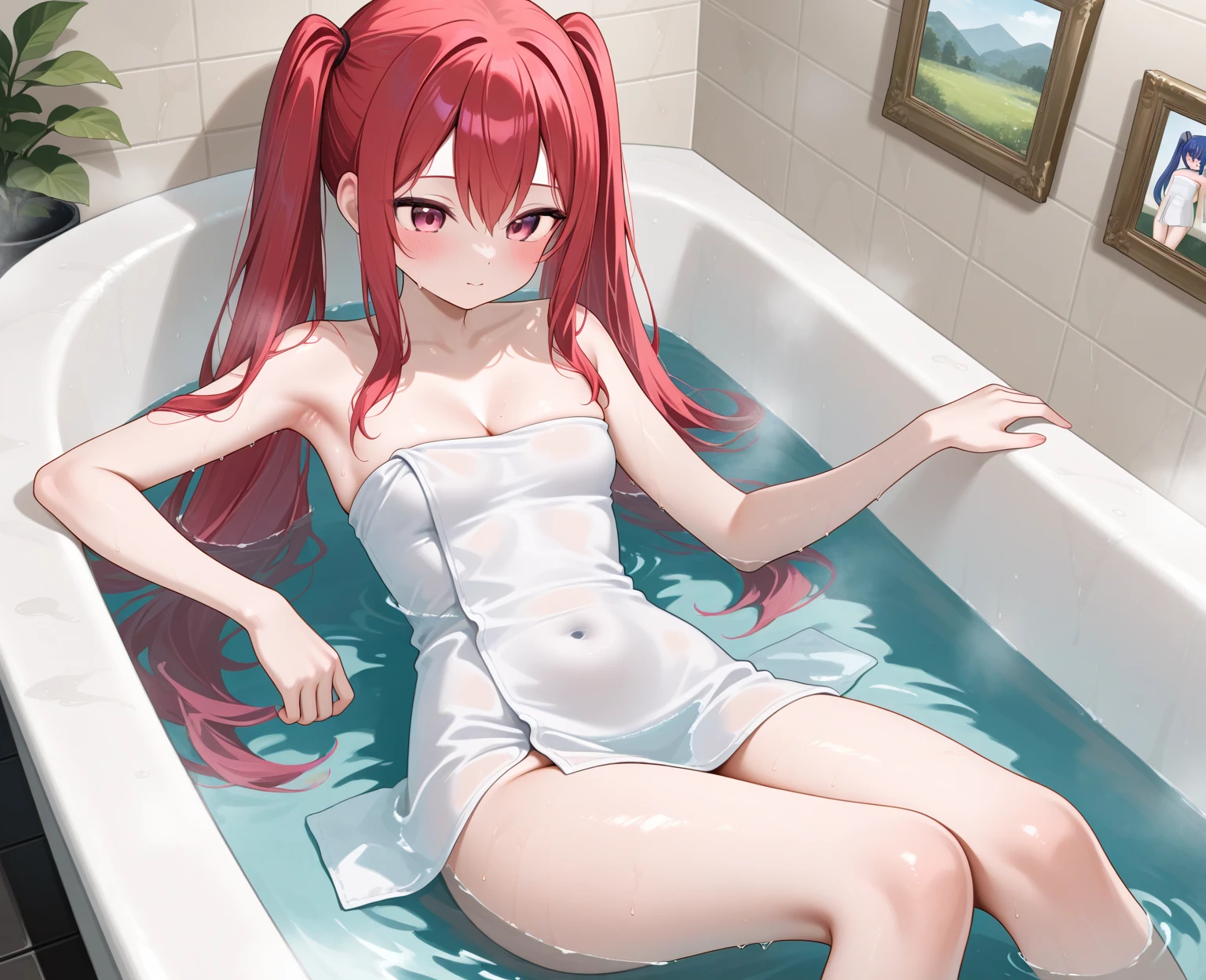Best quality at best，one-girl，red tinted hair，soaking wet，Drenched，dreads，embarressed，A white bikini，spread their legs