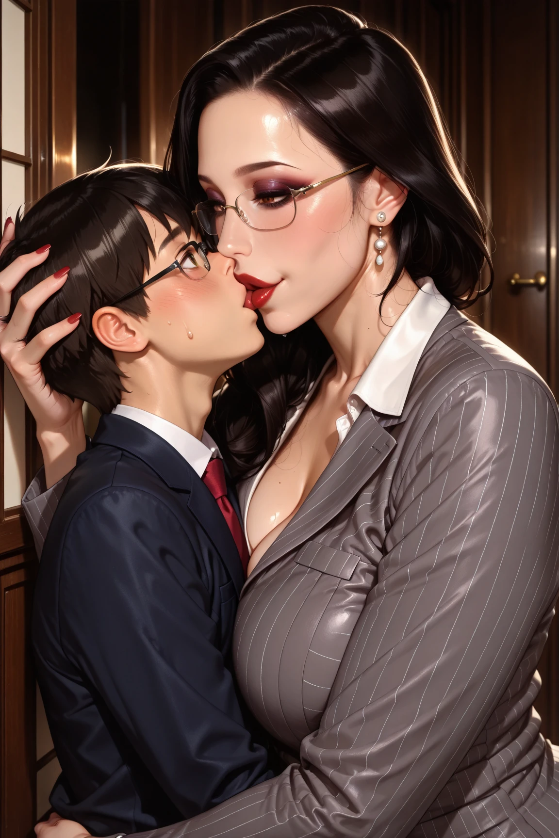 ((Kami Tora style)), score_9, score_8_up, score_8, score_7_up, score_7, in a femdom dungeon, chain and ropes hanging from the walls, 1woman, dominant mistress beautiful face, large mature round old woman, old fetish femdom schoolmistress ("wearing a red strapon pegging a boy":1.0), ("woman fucking boy in the ass:1.5), fetish outfit, straps, buckles, wide hips, eyeglasses, sadistic smiling candid expression, corset, stockings, hairy pink pussy, unbuttoned dress, busty topless, hair updo, elegant hair style, depth of field, narrow hips. Sex, extreme size difference, fullbody portrait, boy is thin, delicate boy's face, age difference, male young student, ((perfectly illuminated characters))