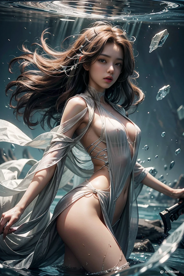 A young androgynous girl in a ancient setting. Suprised. Scared. Tomboyish. Very pale skin with freckles and liverspots. Long wavy wild hair. Darkbrown hair. A round soft face and chin. Very thin and barely visible eyebrows. Darkbrown eyecolour. Upturned eyes. Long and wide nose. Curved lips. Long neck. Small chest. Slim. Wide hips. Long thick legs. Wearing a transparent white dress. Background: A beautiful colourful landscape at night with hills. Storm. It rains heavy.