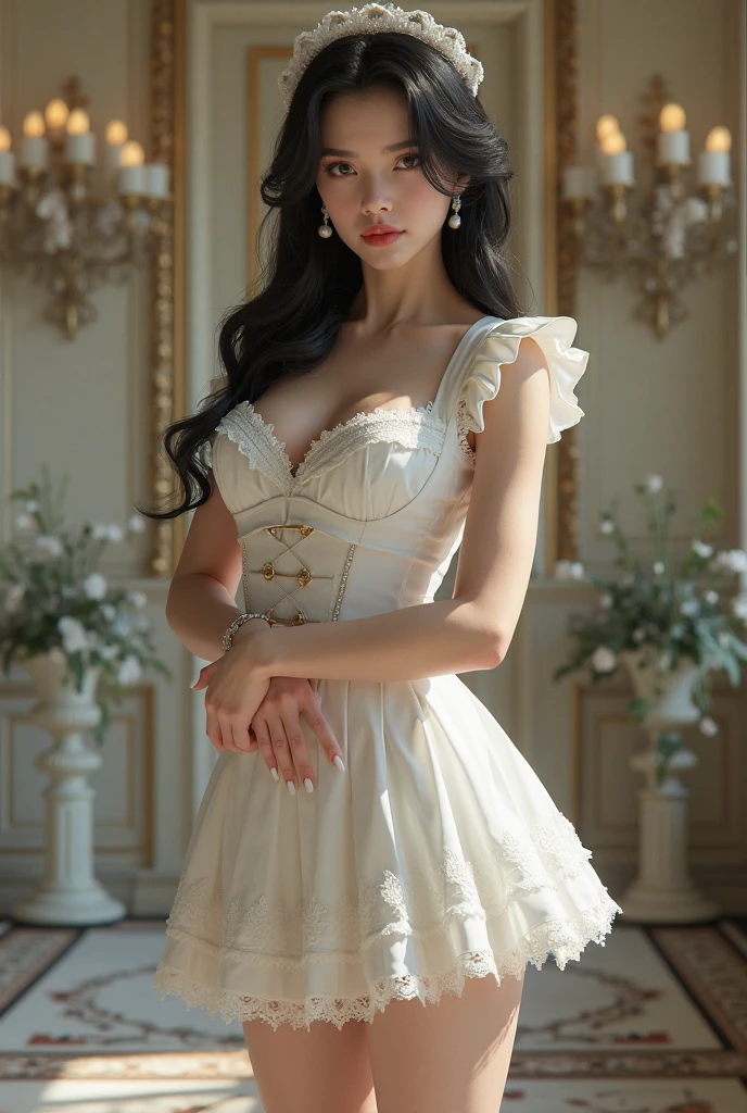 Romantic Rosette dress2, fashi-girl, red lips, mature female, makeup, Big eyes. Pretty eyes, ((Random shooting angles)), (best quality, masterpiece:1.2), ultra-detailed, (realistic:1.37), beautiful, youthful, glamorous model with (detailed eyes, detailed lips, extremely detailed eyes), with white and floral colors, showcasing a radiant smile, slender figure, long legs, creating a breathtaking depiction of a girl, Warm tones, extremely high color saturation, official art, extremely detailed CG unified 8k wallpaper,(High dynamic range :1.4), (cinematic),(soft colors, dull colors, soothing tones :1.3), (natural skin texture, ultra-realistic, soft light, sharp),(very detailed), Pose for a picture lying in bed, elegant pose, attractive pose