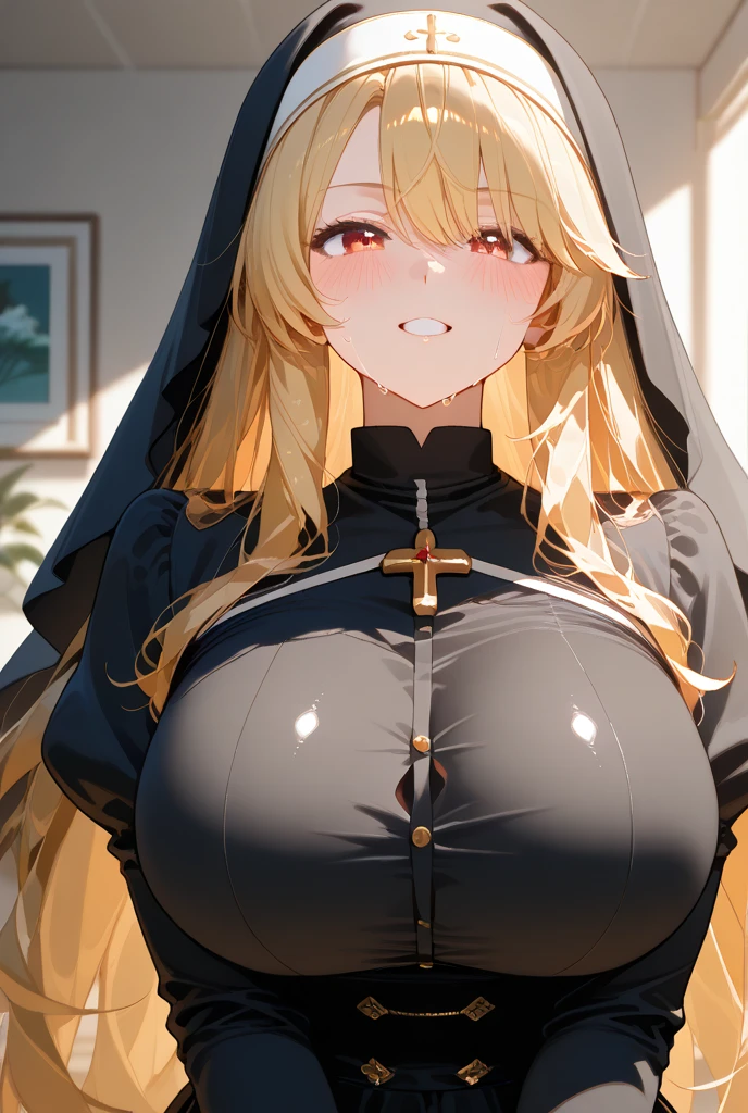 (((Mature Woman,nun))),(((men touching a woman's breasts from front))),(huge breasts),((best quality)),(orgasm:1.2,intense ecstasy),(tears),(Sweat:1.3),(((wet))),((at the church:1.1)),(skirt:1.1),(button-down,woman is wearing lace),(Latex,Red,Gold clothing),(Squint eyes:1.2),(embarrassing,blush),blonde,nsfw