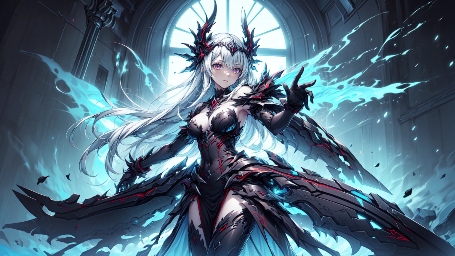 masterpiece, best quality, good quality, Modern Sci-Fi Fantasy aesthetics, Highly detailed, shadowverse style, female, masked, dark skin, red eye, silver hair