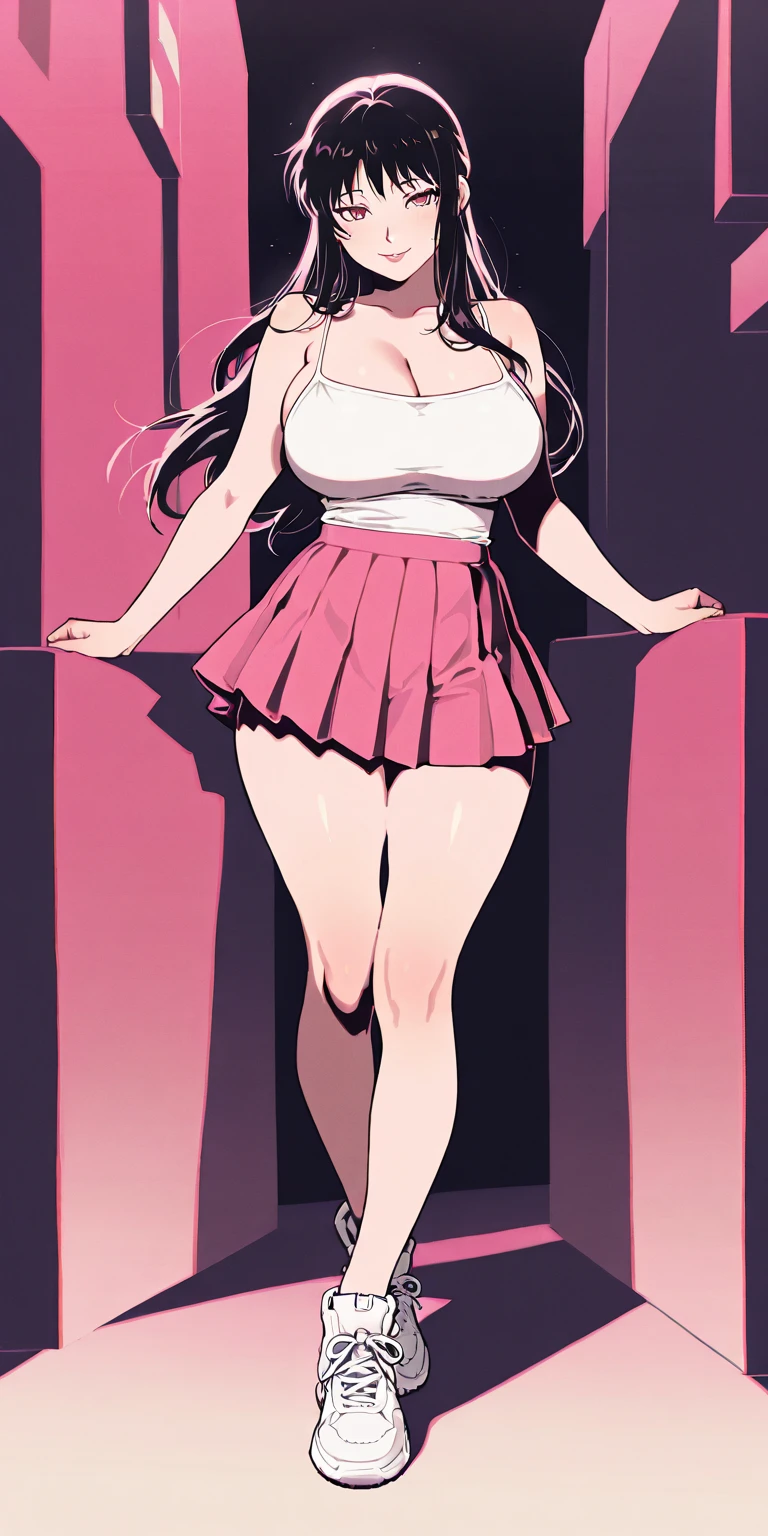 ((masterpiece, high resolution, better quality, better details)), ((Marin Kitagawa)), ((Smiling)), ((one girl)) a girl modeling standing, mini skirt, blouse, ((big neckline)), ((platform high heels)), pink eyes with black outline, (light blonde hair, straight hair, straight bangs, long hair)), long nails, pink nails, (((curvy body))), shiny skin, ((side view)), solo, bare shoulders, full body, focus full body, high heels, ((White background)),