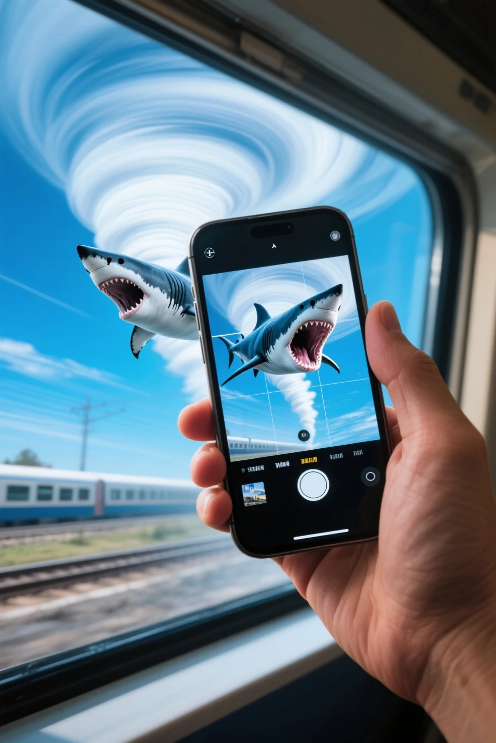 Holding iPhone in hand、A shark opens its mouth on the iPhone screen and is flying through a tornado of storms、The iPhone is recording the scenery outside the train window