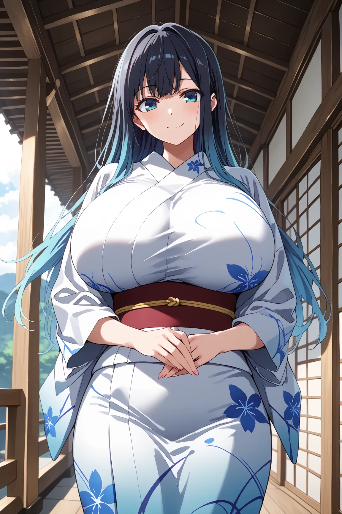 score_9_up, score_8_up, score_7_up, dynamic pose, upper body, close-up, 1girl, Yuki-onna, very long hair, black hair, straight hair, sidelocks, hair ornament, light purple eyes, colored eyelashes, pure white skin, blush, large breasts, makeup, white kimono, (snowflake print), light blue obi, furisode, wide sleeves, jewelry, snowy mountain, forest, snowing, full moon
, inside, in a laundryroom, source_anime, anime style