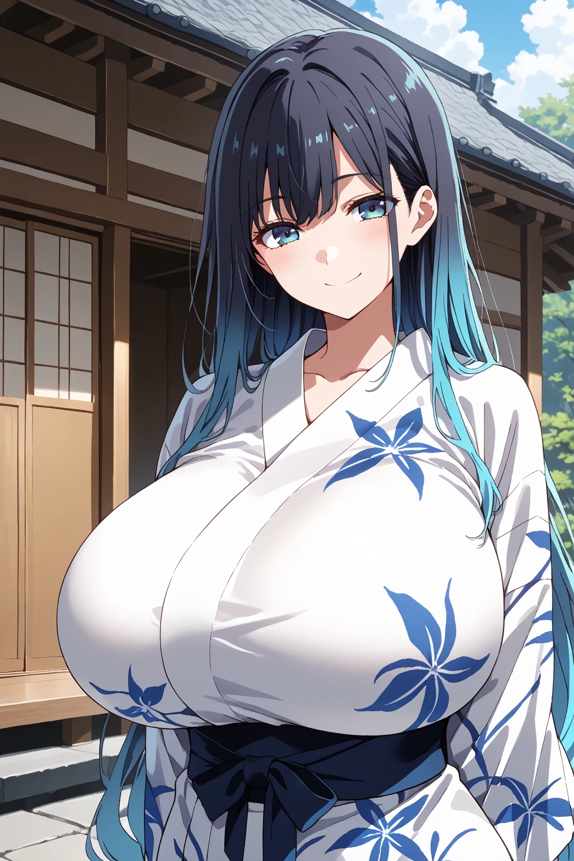 masterpiece, best quality, extremely detailed, 1girl, gyaru, solo, chiyome, (huge breasts:1.4), (((black hair, very long hair, parted bangs blue eyes, slit pupils, animal ear fluff))), parted lips, (((collarbone, blue kimono, snowflakes print, black gloves))), ((light smile), closed mouth), ((hands on own hips, china town, winter, snowing)), parody