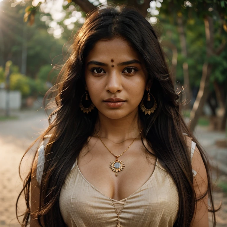 A 18 yo Indian girl Tripti,long shinning black haired, blushed, confident, (long wavy ginger hair), nose ring, slim body ((madison beer:0.3), (barbara palvin:0.3), (karlie kloss:0.4)), small breasts, (hi-top fade:1.3), standing 5m from camera,black saree,desaturated background, bokeh, light theme, soothing tones, muted colors, high contrast, (natural skin texture, hyperrealism, soft light, sharp), artistic photoshoot, super detailed face, She wears large hoop earrings, glasses and a stylish, terracotta-colored saree that covers Tript's breasts soft and warm. autumn colours,Indian,pink bra