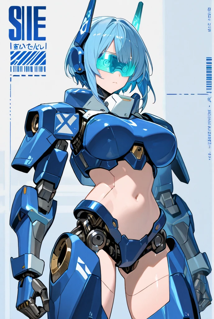Anime Girls、Six Pack Abs、belly button、slender、Highest quality、masterpiece、alone、Light blue hair、Medium Hair、blush、Short top、bugs under eyes、rib cage、Narrow waist、Mechanical Arm、cyborg、toned body