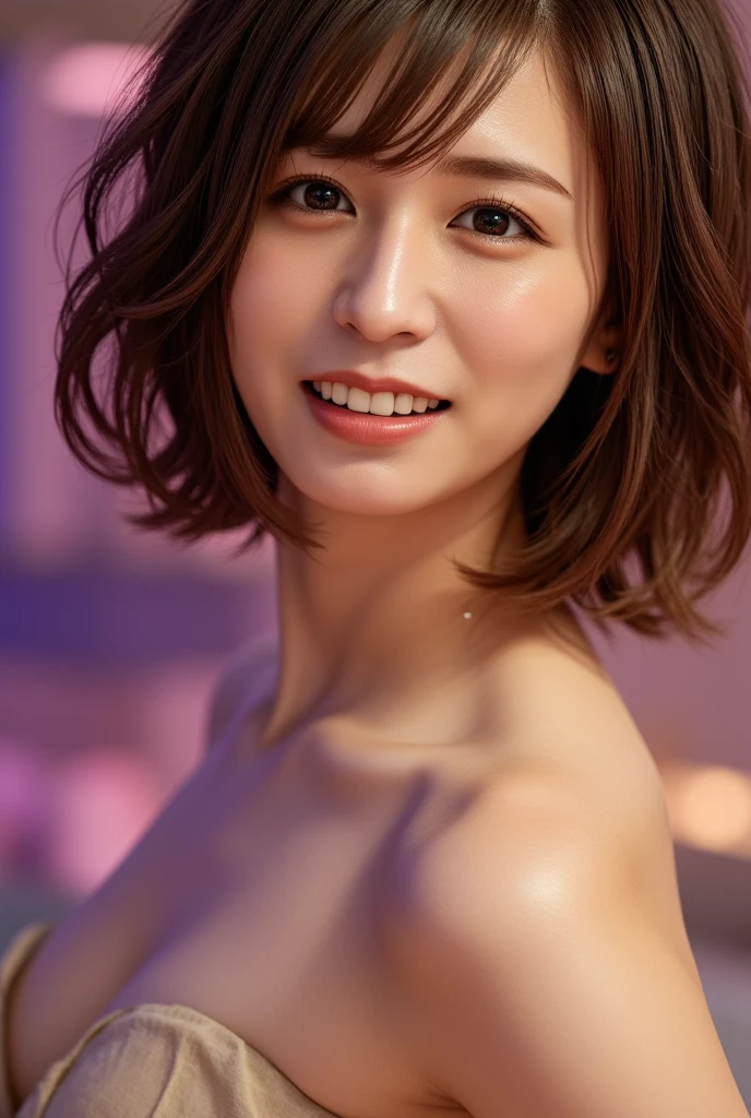 beautiful japanese woman, 30 years old, medium short length brown hair, medium sized breasts, (nude:1.5), beautiful detailed eyes, beautiful detailed lips, extremely detailed face, small head, small areola, smiling, standing, cinematic lighting, photorealistic, 8k, high quality, hyper detailed, (rough skin:1.3), facing camera