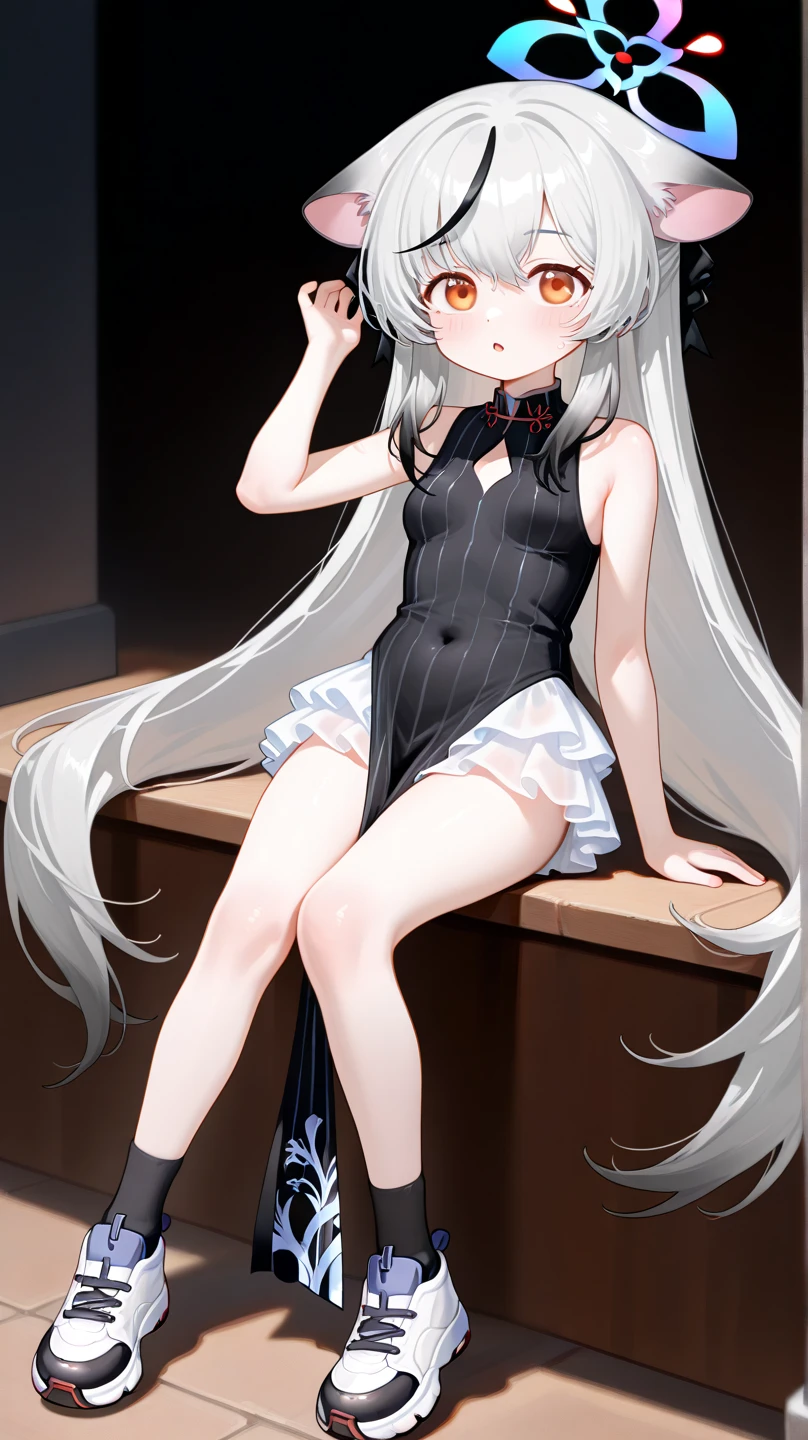 A cute loli,silber hair,sofe,fox ear,fox demon,White fox ears,White foxtail,Heterochromic pupils,wearing a swimming wear,Barefoot anime girl,There is a black bow tie and a double ponytail,Expose panties and feet,medium_breasts,white_thighhighs,{best qualtiy},{{tmasterpiece}},{A high resolution},{Extremely refined and beautiful},Original,extremelydetailedwallpaper,1girl,{rich colourful},{vivd colour},{vividness},{flatcolors},{Hand details},{{Correct hand structure}},{cat_ears},{Background refinement},{Sharp fingers},{summer_dress}Correct body proportions,Have by the sea