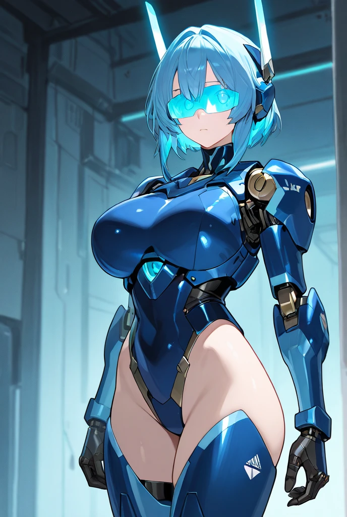 ((1 cyborg woman)),((huge breasts, naked breasts, naked pussy, completely naked, blue clitoral piercing)),((standing, futuristic room)),((serious face)),((with many Bubian hair, with a scientist's coat)),((short hair with a short ponytail on the left side, a short ponytail on the right side, bright yellow eyes)),((facing the viewer, holding a tablet) ),((standing in a futuristic room)),