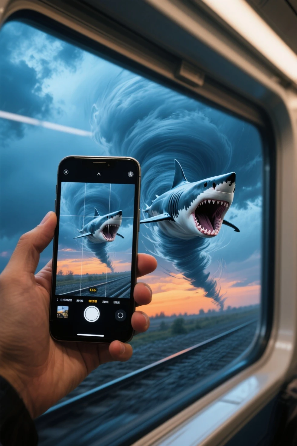Holding iPhone in hand、A shark opens its mouth on the iPhone screen and is flying through a tornado of storms、The iPhone is recording the scenery outside the train window