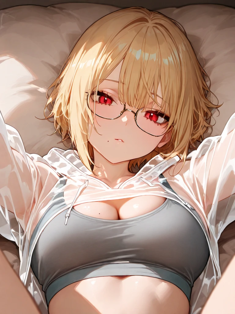 top-quality、Top image quality、​masterpiece、girl with((18year old、tshirts:1.6、shortpants、Bust 85、a blond、disheveled ponytail、Blue eyes、open chest wide、cleavage of the breast、Happiness、Black wristband on wrist、eye glass、Ear-piercing))、A slender、(((Sleeping on your back in bed:1.4)))、hiquality、visualart、Background with((a bed、darkened room))、masutepiece