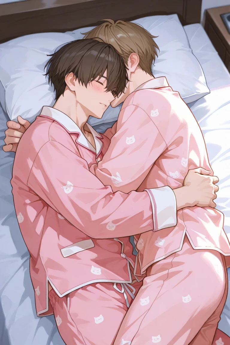 Highest quality,masterpiece,indoor,On the bed, 1girl,独奏,Lying on your back,Close ~ eyes,Close your mouth,Are sleeping,yellow pajamas,Brown Hair, short hair, ponytail,Flat Chest,1boy,Touching the chest,kiss