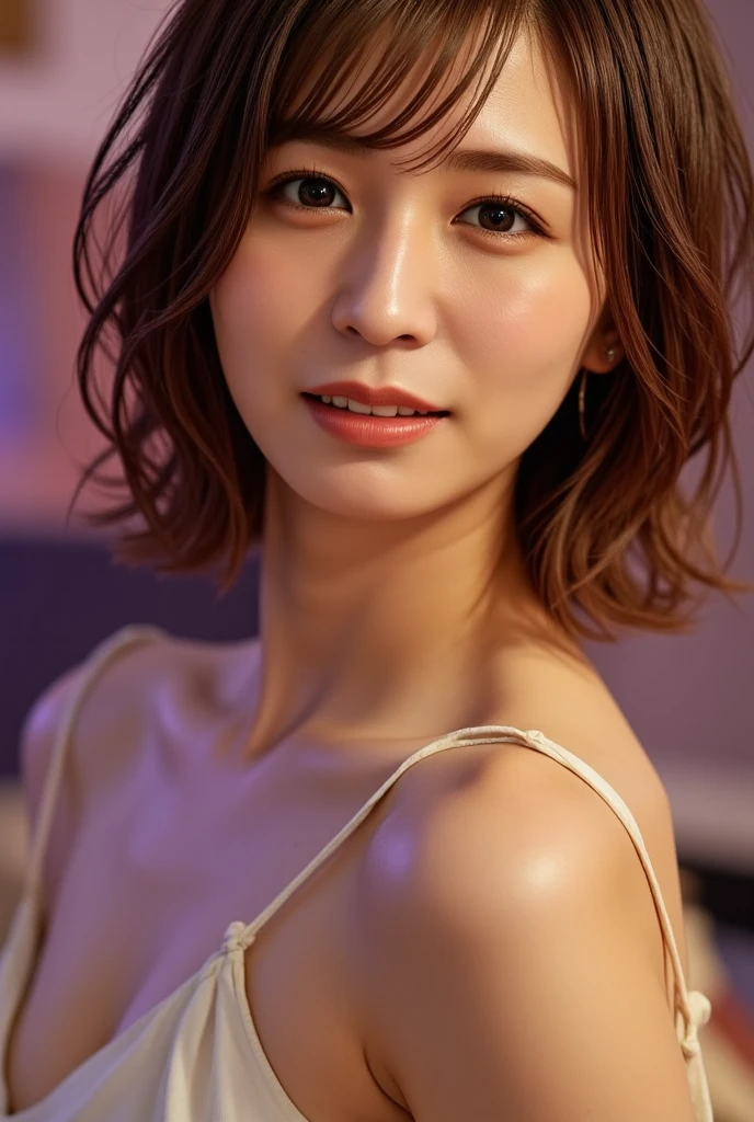 1woman , model, depth of field, photo, film, face, 30 years old, curly hair, blonde, smile, collarbone, teeth, movie, camisole, selfie, night, chubby