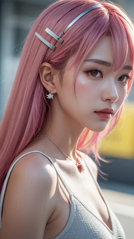 realistic, on the stage of the concert, singing emotinally, brightly lit by spotlights on the stage, dim lighting, wearing black dress, bright ashed-pink hair, ponytail hairstyle, hair is blowing in the wind, hair is shaggy and dishevelled, beautiful white-colored translucent skin, sweat splashes, slendar figure, flat chest, heavy and vivid makeup, kawaii makeup, small nose, smooth shaped jawline, glossy face, heavy flushed cheeks, serious look, no smile, sad expression about to burst into tears, close up shot