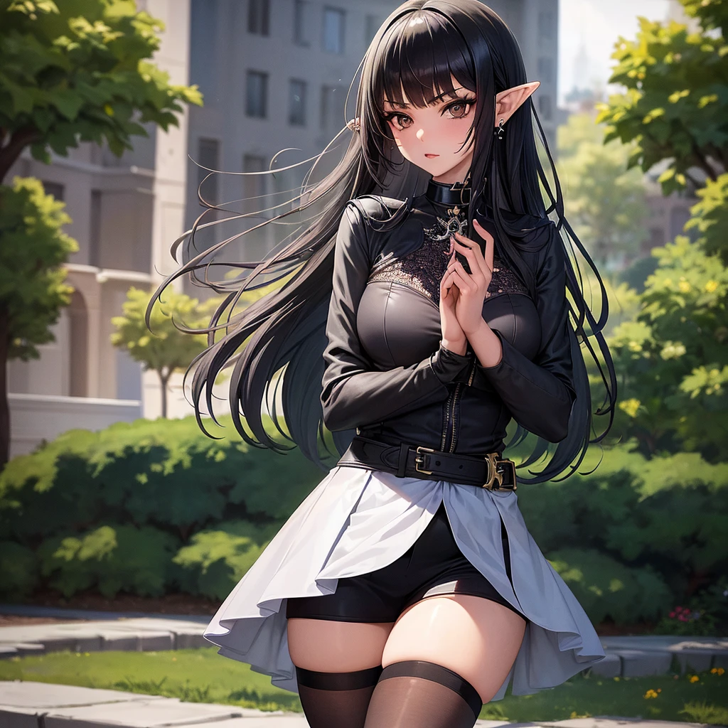 Realistic and detailed image of an elf dressed in a sweater without cleavage. She has long wavy black hair. Turquoise eyes. She has earrings, long eyelashes. She has large breasts, slim waist, wide hips and thick thighs. She is with her legs raised, legs open, crying, mouth open, face of pleasure. View of vagina, view of anus, arched back. There is a garden with flower petals falling around her.