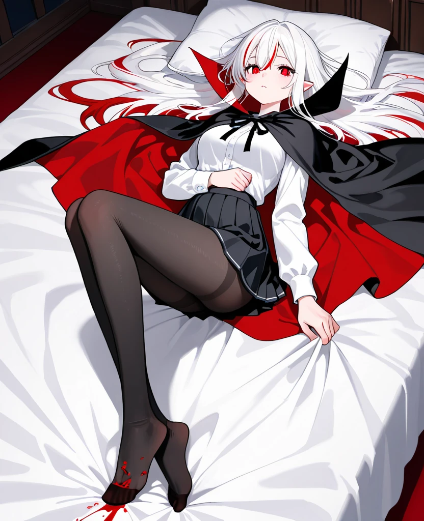 Nun in stockings, sexy lingerie, white hair, red eyes, white gloves, exposed feet
