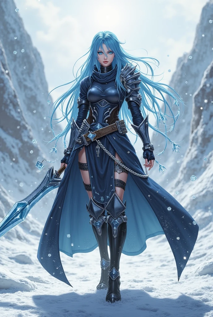 A girl based on esdeath in anime akame ga kill standing in a freezing area