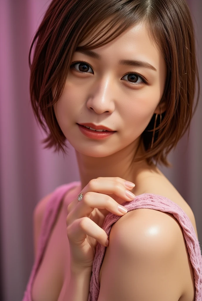 (highest quality, 8k, 32k, masterpiece, Ultra-high resolution:1.2),Beautiful Japanese Women Photos, Large Breasts, very short bob hair,Upper Body,Face Focus,Extra Large_sweater, necklace, Simple Background, From above, View your viewers,