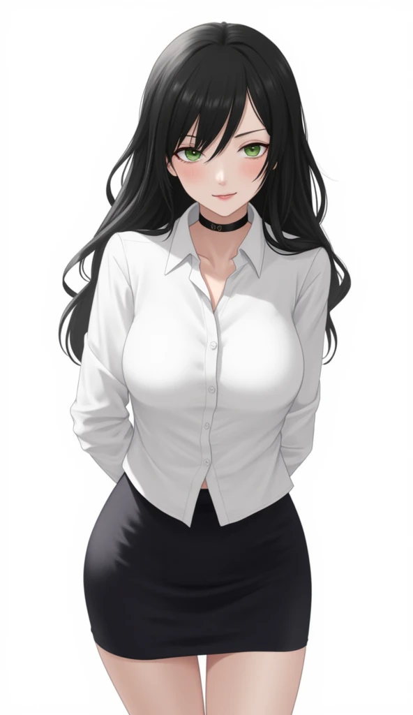 A young adult south Korean woman in her 29 years old. Her hair is long and black color. Her face is oval than it is long, which carry a warm , expressive face. Her skin is radiant and clear, and her thin lips is pink. Small grey color eyes are captivating and misterios. She is wearing a jeans and white buttoned blouse while inside his photographic studio