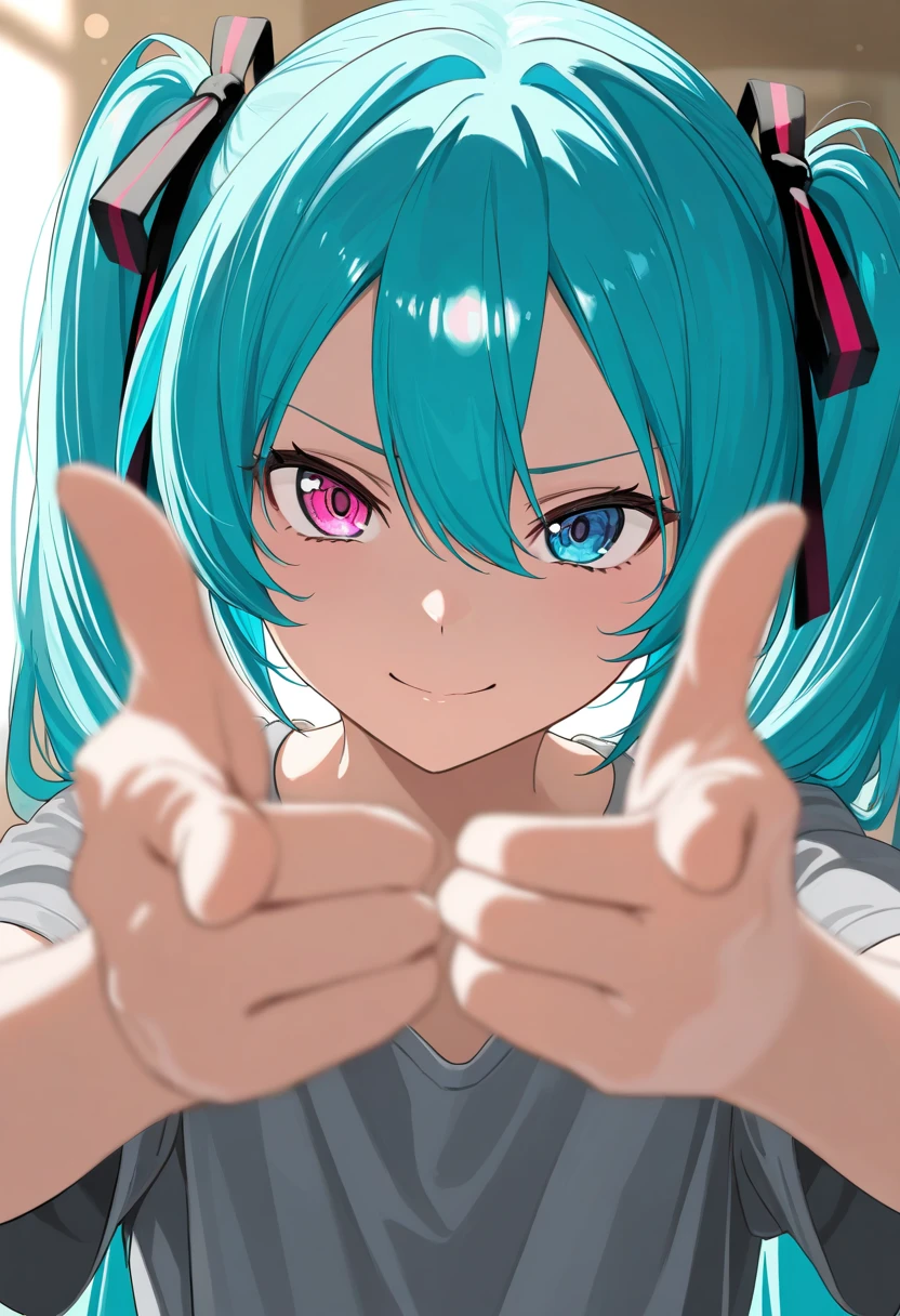 1girl, solo, hatsune miku, turquoise hair, twintails, hair ribbon, forehead bangs, hair between eyes, heterochromia, detailed eyes, blue eyes, pink eye, 
grey t-shirt, short sleeves, loose shirt,
pointing, hand focus, forced perspective, hand gesture, dynamic pose, hand close-up, finger gun, in your face pose, playful pose, 
focused expression, intense stare, slight smile, dramatic perspective, meme style, soft lighting, blurred background, bokeh, depth of field, focused foreground,     
masterpiece,best quality,amazing quality,very aesthetic,absurdres,newest, anime coloring, flat color