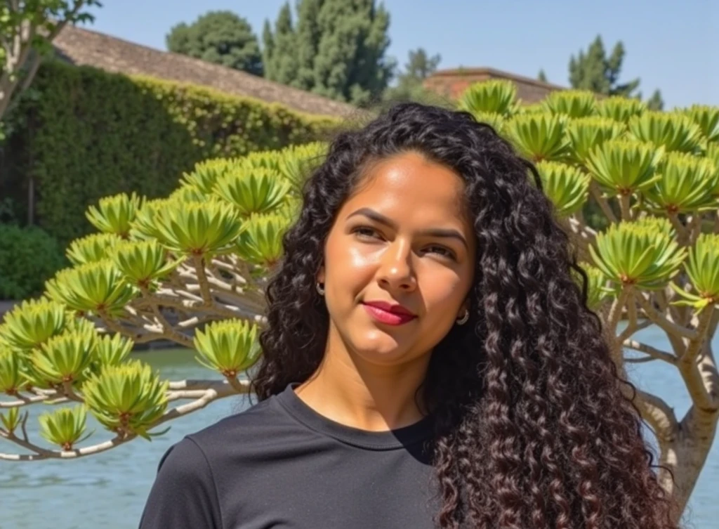 Une femme métisse de 23 ans, ((gros seins)), ((hyperréalisme)) ,. black afro curly hair , very long hair, very long hair, very long hair, beau, Vue de face, Selfie, photo prise avec iPhone, elegant black shirt with escote, Coupe-bas, Selfie in the garden, High quality, Selfie iPhone, clivage