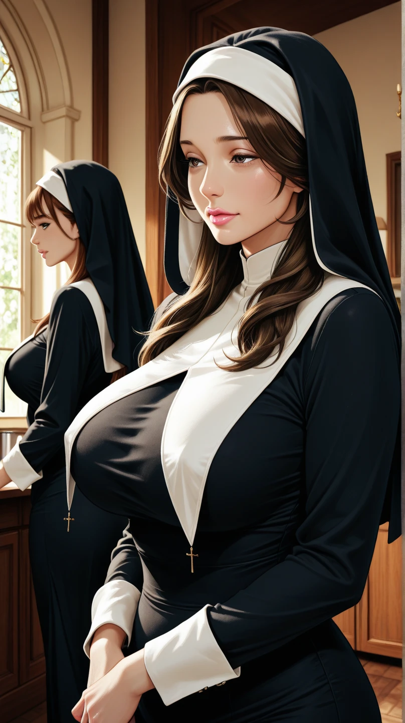 unparalleled masterpiece, ultra realistic 8k CG, perfect artwork, ((perfect female figure)), looking at viewer, mature female,mature female, milf, narrow waist, chinese deity,seductive posture,sexy pose, alluring, clean, beautiful face, pure face, pale skin,divine goddess,shiny eyes, shiny skin, skindentation,1girl,((transparent nun outfit,transparent nun dress,garter straps,thighhighs)),(huge breasts),cross necklace,ulzzang-6500-v1.1