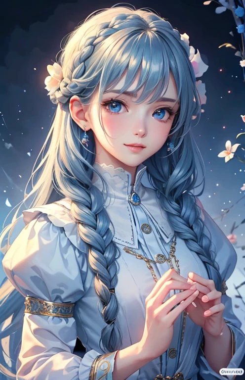 ((highest quality)), ((masterpiece)), (Get used to it), Perfect Face , masterpiece、highest quality、High resolution、High-quality images、8k, 1 female、Skin Radiance、Texture of skin and clothing、Expression of fine eyes、Shiny bright golden hair,Girl with long braided hair, Manga inspired by Lee Jong-suk, Trending on deviantart, realism, detailed manga style, Manga art style, Perfect Line Drawing, Beautiful line art, digital manga art girl, K-POPアイドル, Beautiful Blue Eyes, Fuller lips, Gorgeous face with attention to detail, (Cute Smile), charm, Innocent, Side view, (Perfectly detailed face), (Beautiful Hands) Photorealistic images, Written boundary depth, 20th Generation ,beautiful girl , Babydoll Clothes , Large Breasts , protruding shoulders , I can see her cleavage , Studded with roses , On the bed , Lying on the bed ,