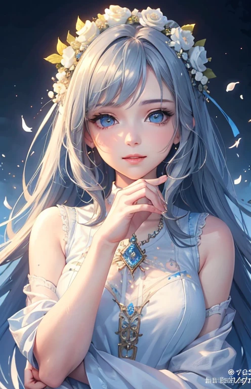 soft lighting, dreamy atmosphere, ethereal aesthetic, fantasy theme, nature elements, floral background, delicate details, flowing hair, whimsical pose, vibrant colors