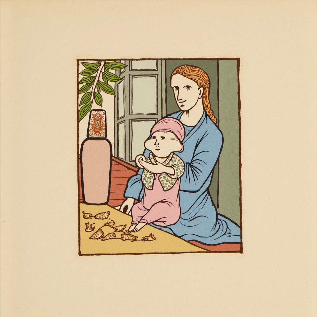 an illustration of an old photo and of a poor mother holding her two lap babies who are twins