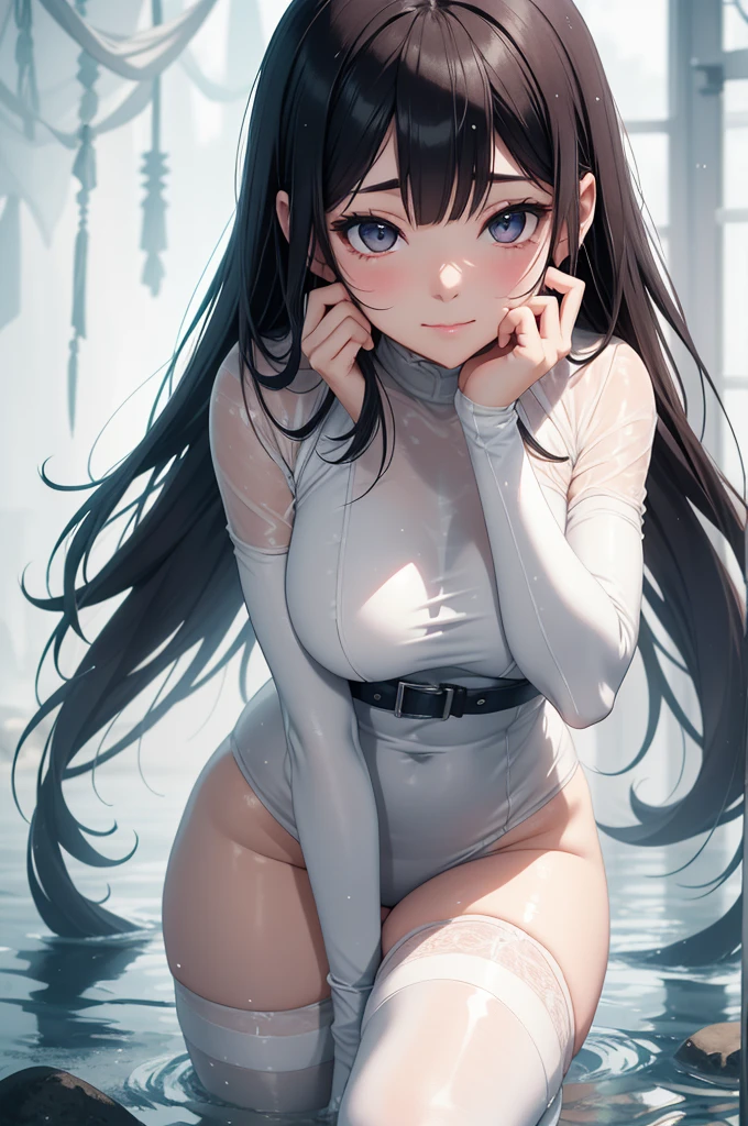 In this image, we see Mary Rose, a delightful young girl with short and lustrous black hair. Her laughter is contagious, making her blush in a slightly embarrassing yet endearing manner. The difficulty rating of this artwork is quite high, as it showcases the intricacies of Mary Rose's figure, including her small and graceful breasts. She is dressed in a stunning white enamel high-neck competitive swimsuit, emphasizing her slender physique. The thin fabric clings to her body, revealing a subtle depression in her groin area. The artist has skillfully captured Mary Rose's full body, including the alluring pose where she is sitting with her knees bent, spreading her legs slightly in an M-shape. The perfect addition to this enchanting scene