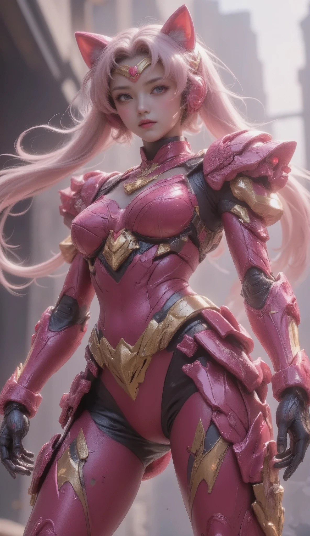 cute girly robot sailormoon, colorful flower golden pattern on pink body, visible skin, headset ear cat's, armed with heavy weapons on body, kawaii mood, Joints and gaps glowing red. leopard robot standing behind she.hardcore machine. newest anime style,cute pop the city is destroyed background.vivid color.punk accessories