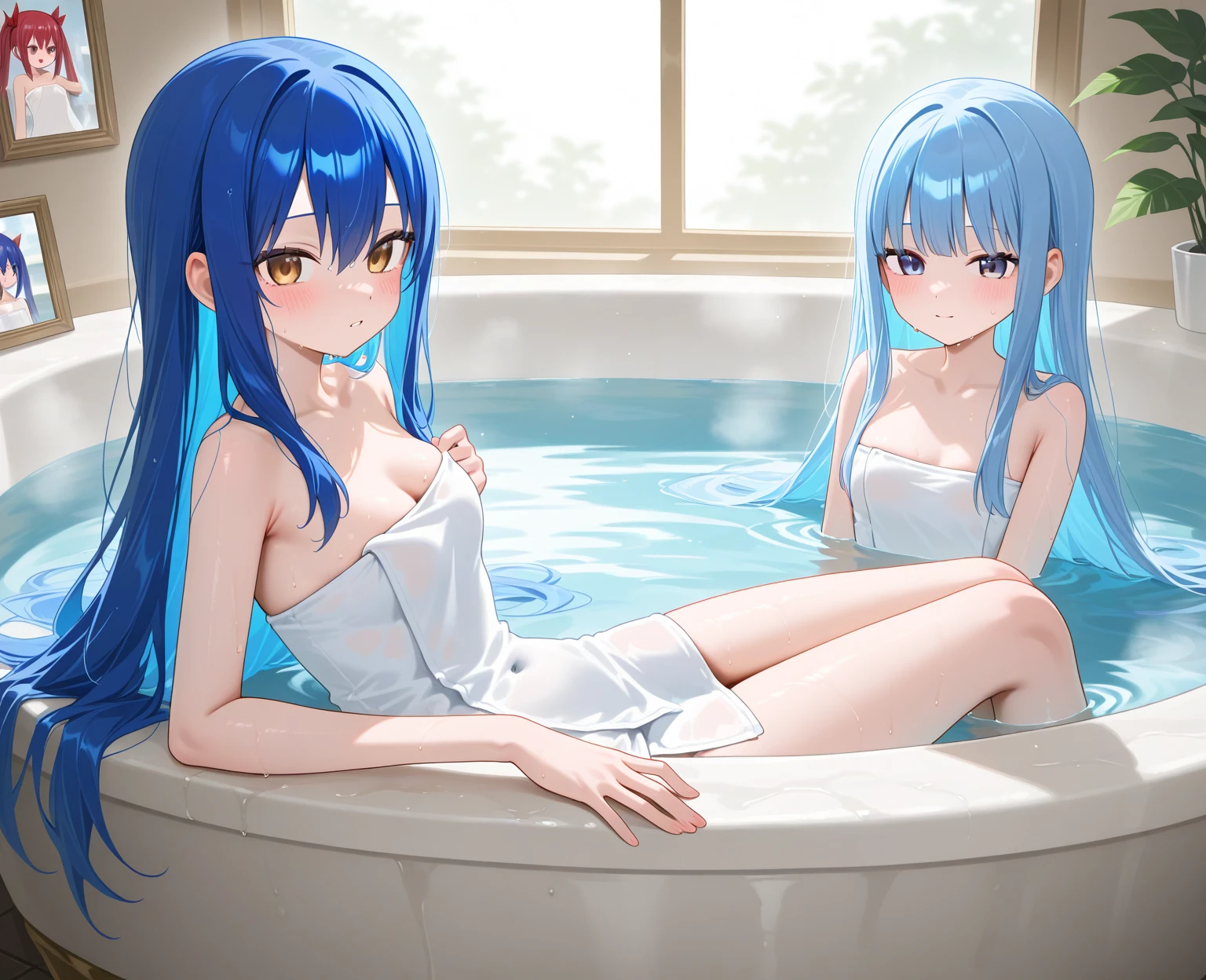 Hot spring changing room、Three sisters take off their underwear and get naked、A cute frilly light blue bra、Light blue and white striped underwear、barefoot
