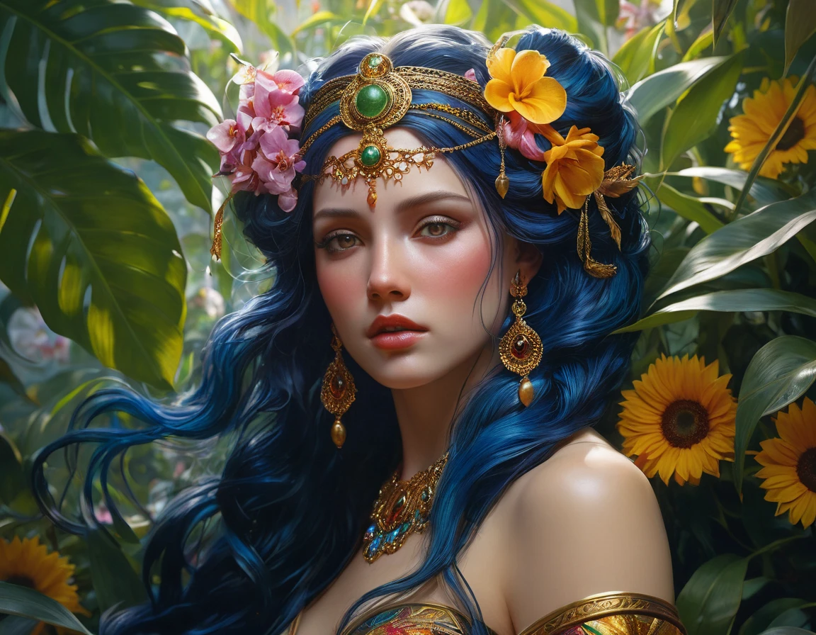 Digital painting, photorealism, masterpiece, hyperdetailed, beautiful woman zodiac goddess, (aquarius), nature background, 4k, intricate details, detailed eyes, detailed skin, perfect lighting, unreal engine, deviantart, water, flower, nature, utopia