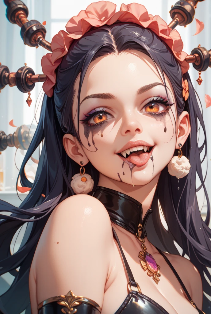 (masterpiece:1.2), best quality, Beautiful rebellious girl,portrait,
1 Girl, have, open mouth, Glossy lips, , , Pink Eyes, earrings,, Long eyelashes, contour, Upper Body, ,Huge bust、Protruding chest、Super huge、Huge breasts, Barcode tattoo, bust, Smile, Collar,Huge Breasts,Drool,Milky saliva,Showing breasts,Chest-baring clothes,拴着铁链的Collar,Fangs,Facing the camera,Red heart-shaped pupils,Superbly detailed eyes,Exquisite face,Detailed face,Delicate nose,Intricate tattoos,Sticking out tongue,Pointed canine teeth,Black long hair,Smooth Straight Hair Sheer Tank Top,Hancock