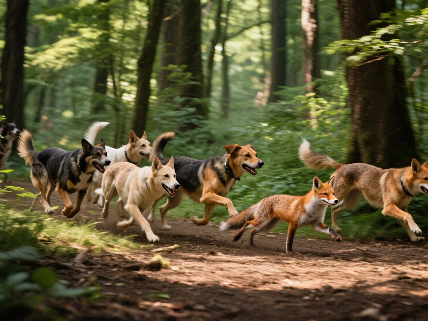 шедевр, Лучшее качество, lynx animal, wolverine animal and fox animal running in forest with a crow bird flying over them