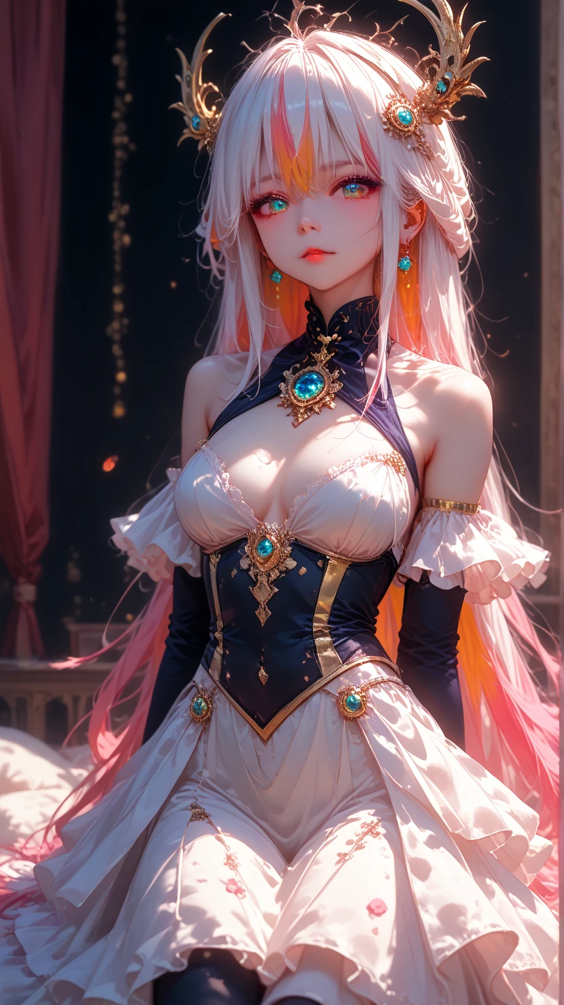Light blue and red color scheme,pink nipple,little body,Petite,White curly hair, high detail, best quality, supper detail, detail eyes, pink pussy, dark background, 5/6 body, hair over nipple