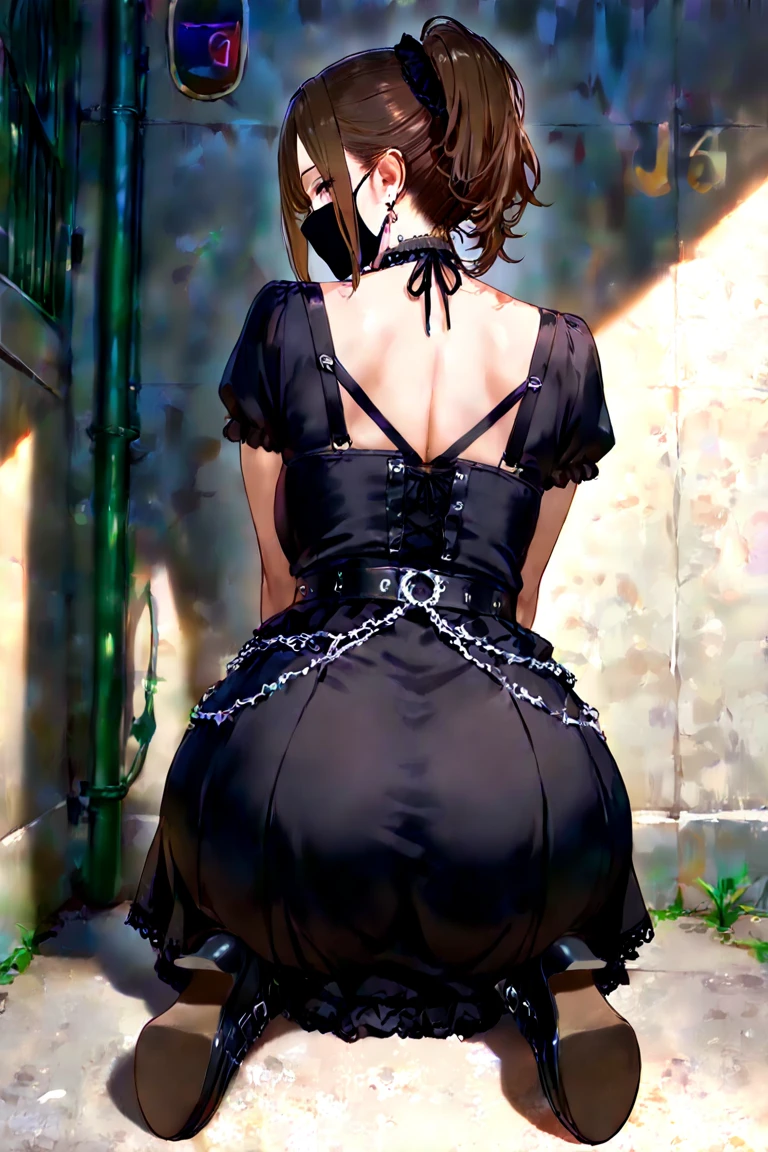 1girl, black_lips, solo, ass, thighhighs, black_hair, striped_thighhighs, striped, fishnets, looking_back, gothic, door, dress, makeup, from_behind, looking_at_viewer, lipstick, thighs, black_dress, short_dress, short_hair, bangs