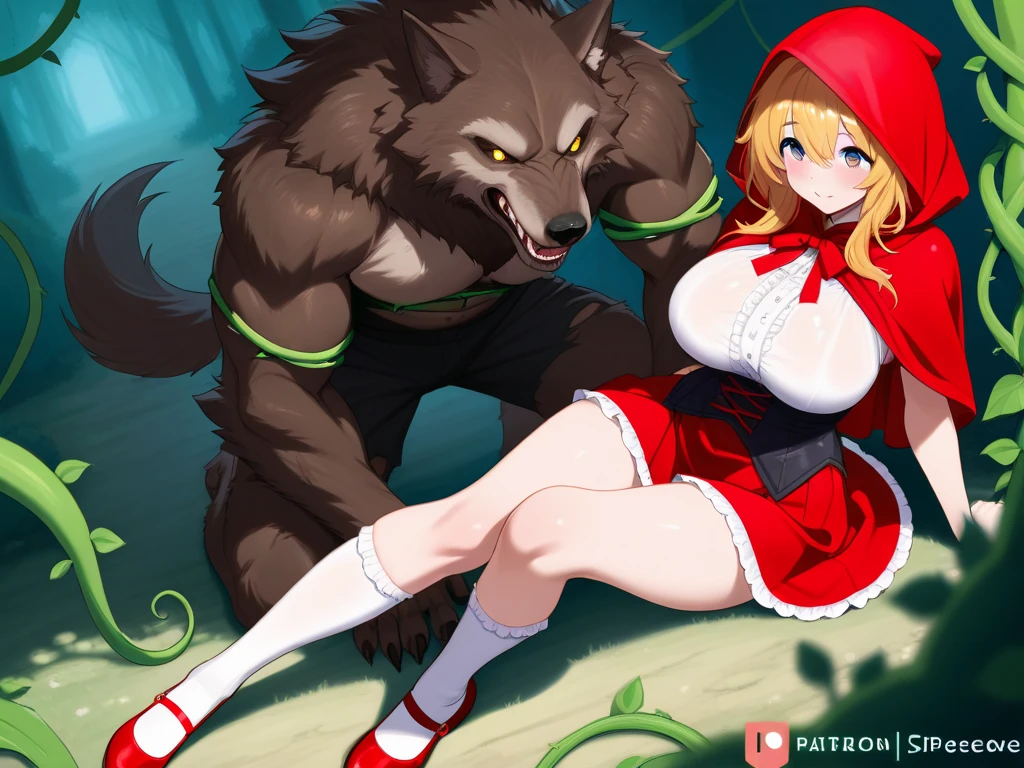 Two characters - an adult lean tall handsome male character wearing dress of red riding hood carrying basket his smooth legs and red spanked butt visible on his way to visit grandma and monstrous sly muscular wolf, beautiful sunny detailed forest with cottage in the background, the wolf is spanking him, NSFW, (( male x wolf)), ((bestiality )), ((spanking)), ((bend over male)), nudity, trying to run, ((male x huge monstrous wolf creature:0.3)), monster HENTAI, ((game - help the big monstrous naughty wolf fuck the innocent male)), ((yaoi monster hentai)), ((yaoi inspired by Claire’s quest hentai game bestiality)), ((submissive red riding hood wearing mini dress)), ((getting pounded by fat wolf cock)),