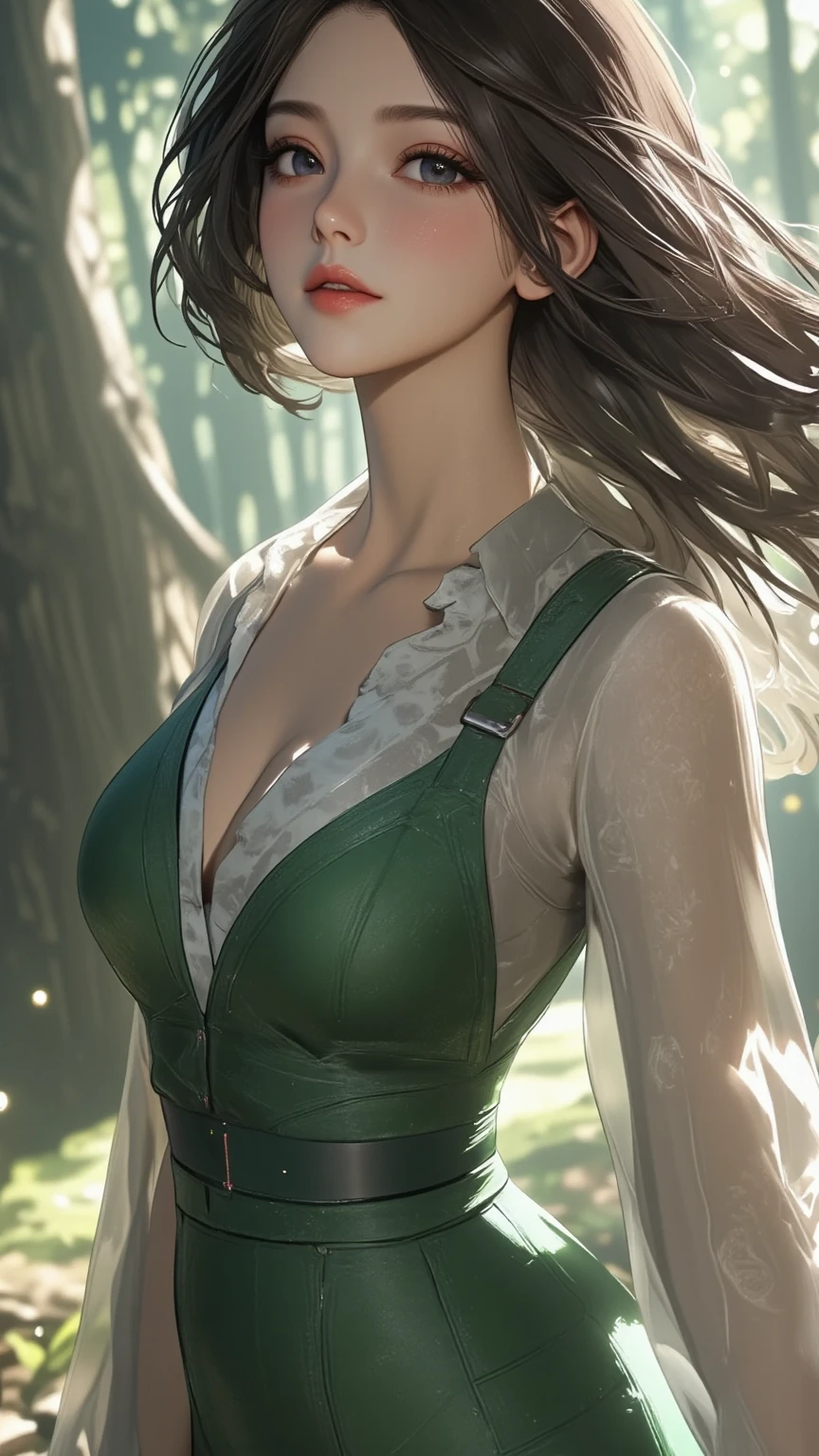 Thomas Crane, Kate Greenaway , Anne Anderson Anime　surreal　wondrous　strange　Whimsical　Sci-Fi Fantasy　Beautiful girl in maid clothes　Samsama Serpent　Apple tree Large breasts large ass hyperrealistic hyperdetailed high resolution high quality high definition masterpiece show of skin, very short skirt, cleavage half close up Show snake girl holding an apple